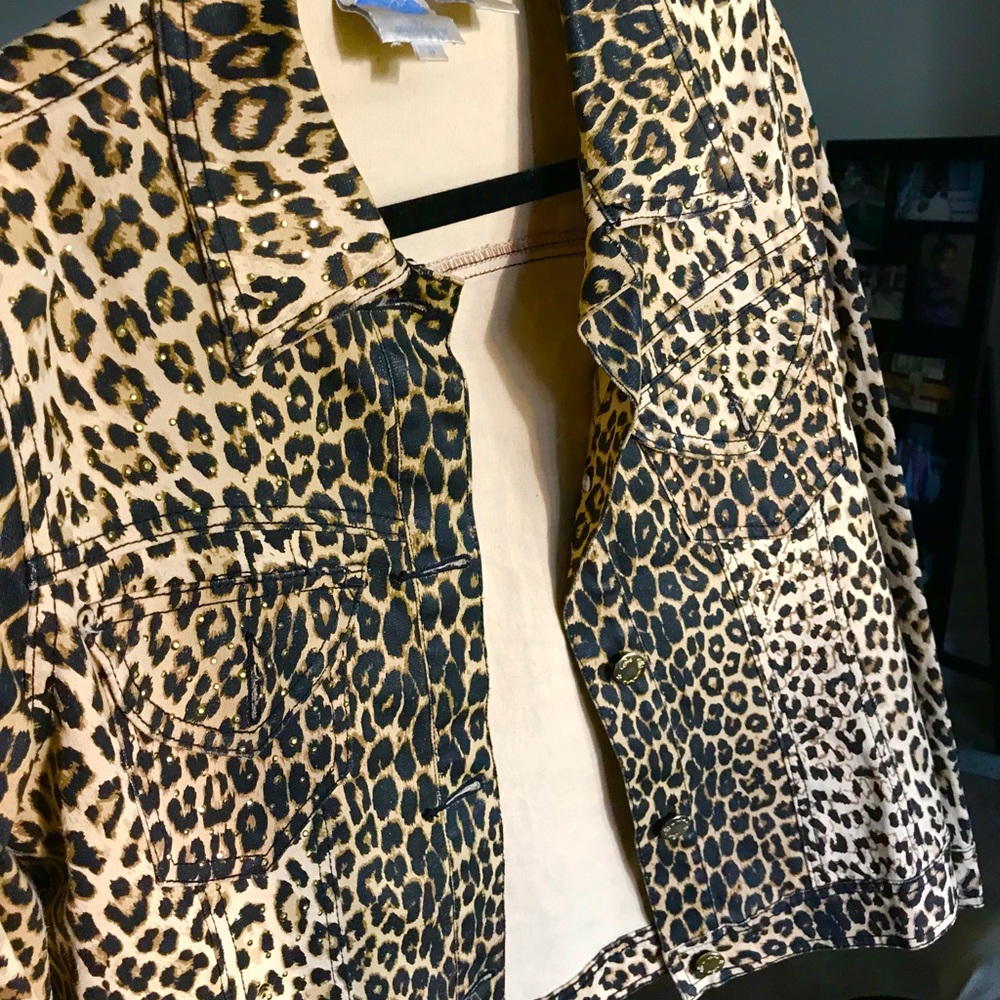 Cropped Denim Leopard Print Jacket - image 3